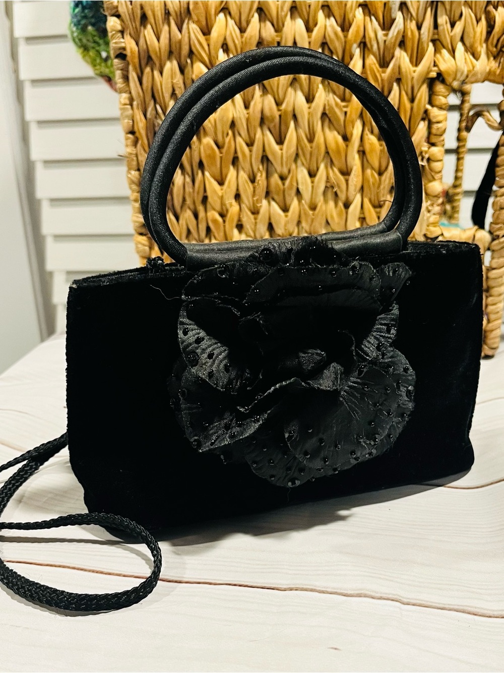 Black Velvet Floral Accent Handbag - Women's Elegant Evening Bag